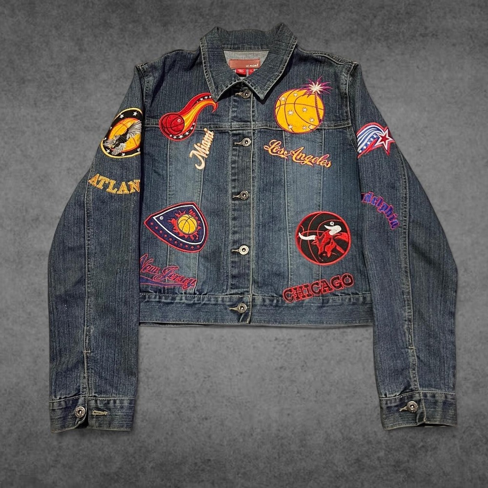 Le More Vintage Y2K NBA Embroidered Patched Denim Jean Jacket Women LL Multi